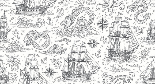 Vintage Nautical Pattern: Sailing Ships, Sea Monsters, and Compass Roses in Sketch Style