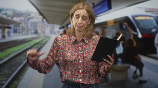 Woman reading black notebook on a train platform in a building, then makes a thumbs down gesture showing displeasure; disappointment commute delay.