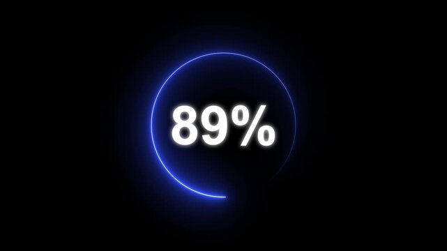 Glowing neon circle with 89 percent text icon animation light effect modern minimal clean shiny typography counter progress meter loading indicator loop seamless black background animation.