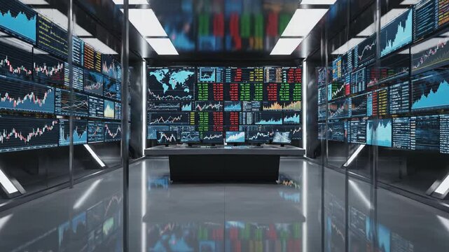 Gleaming modern trading room with massive wall screens displaying charts
