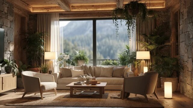 Warm rustic living room interior with stone walls, wooden beams, and lush houseplants. Large window with soft daylight and mountains in the background.