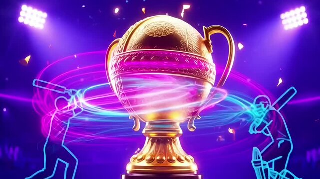 Cricket trophy championship neon stadium battle scene for global tournament promotion league branding and international match event marketing campaign