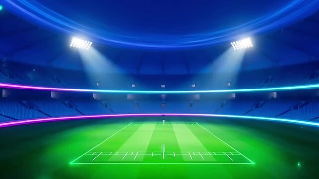 Cricket stadium illuminated with neon lights and dramatic atmosphere for international tournament promotion sports branding and global championship event marketing