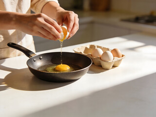 Person cracking an egg into a frying pan with a carton of eggs nearby cooking breakfast