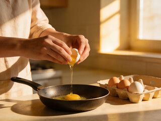 Person cracking an egg into a frying pan with a carton of eggs in sunlight cooking