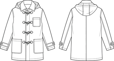 Duffle coat technical fashion flat sketch, front and back view, toggle closure jacket, vector illustration template for apparel design. © Sohan Creatives
