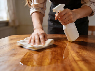 Person wiping a wet wooden table with a cloth while spraying graphic design