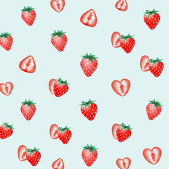 いちごとカット苺のシームレスパターン背景（ミントグリーン）ー みずみずしいいちごとカット苺をリズミカルに配置した、爽やかなミントグリーン背景のシームレスパターン。大人かわいい配色で、商品パッケージ、ポスター、ポストカード、ノートの表紙、シール帳、背景素材、マスキングシールブックタイプ、フレークシール、苺スイーツの販促など幅広く使えるかわいい素材。
