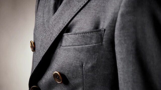 Closeup of smooth worsted doublebreasted jacket construction focusing on precise inner support and sleek peak lapels for a polished professional finish.