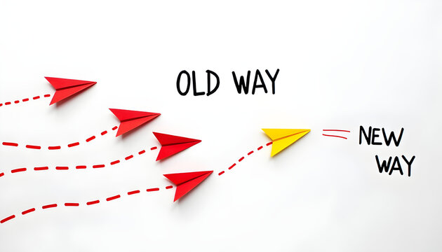 Red planes flying the old way and yellow paper planes flying the new way, changing path concept, different thinking, business leader, personality development idea concept