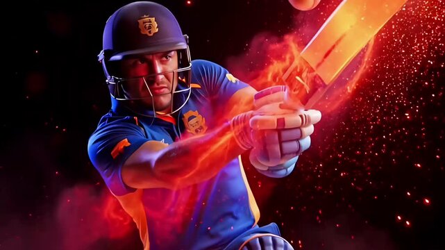 Cricket batsman action pose in dark stadium lighting for tournament promotion sports championship advertising and global match event marketing