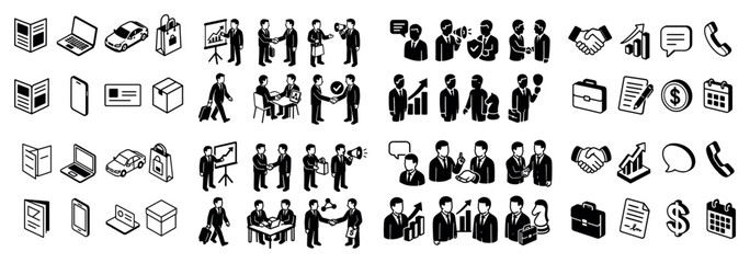Business and communication icon set in black and white