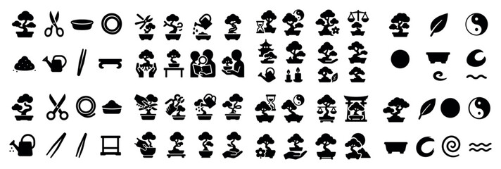 Bonsai silhouettes and zen symbols collection
