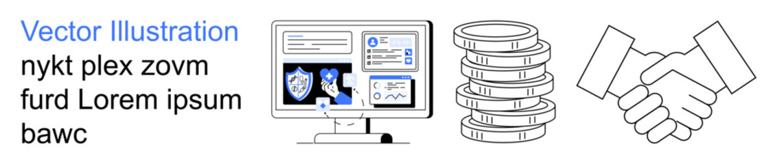 Digital security, financial technology, business partnerships, online data management, secure transactions, collaboration. Computer monitor with shield icons, stack of coins handshake. Digital