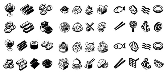 Black and white sushi icons collection