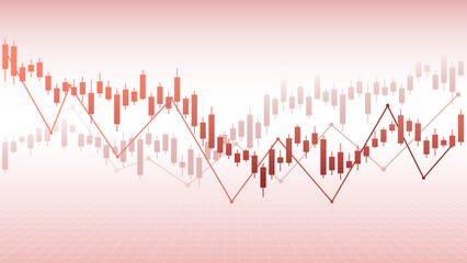 Financial chart with red candlesticks and line graph on grid background, illustrating market trends