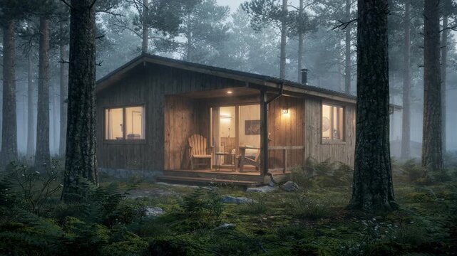 Warm lights glow from a small wooden cabin surrounded by tall pines and fog. Peaceful woodland atmosphere for travel, retreat, and nature concepts.