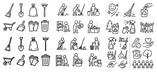 Outline icons of garden and cleaning activities