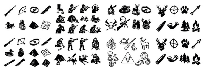 Hunting and camping icons set in black silhouette