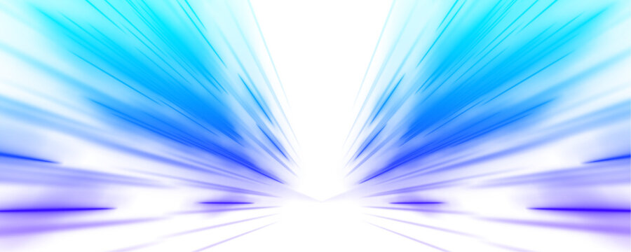 Electric blue asphalt glows under streaming light lines. The road narrows sharply in dramatic perspective. The visual captures motion and intensity. PNG