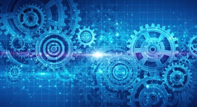 Abstract blue background with interlocking mechanical gears and network lines