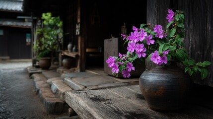 Fototapeta premium Purple flowers in earthenware pot on wooden surface