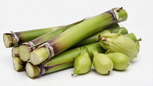 Fresh sugarcane stalks and sugarcane seeds arranged together. The image highlights agricultural products related to sugar production and tropical farming.