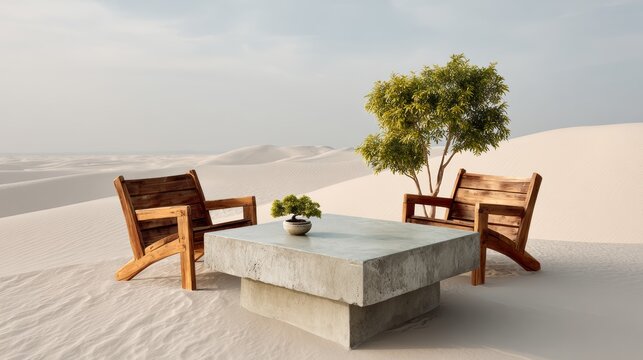 Eroding concrete coffee table with two wooden chairs set in a vast desert landscape featuring minimalistic design and a small bonsai tree growing from the sand