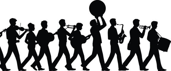 Marching band silhouettes illustration, musicians with violin, clarinet, banjo, trumpet, guitar, sousaphone, saxophone, snare drum, parade ensemble artwork, performance concept © Sharon 