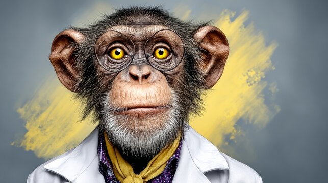 Cartoon monkey professor with yellow eyes wearing glasses and a lab coat, featuring a colorful background with ample copy space for text or graphics