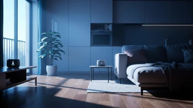 Anime Scenery Animated Virtual Background of a calm minimalist living room with a sleek black L-shaped sofa, light window glow, and potted plant
