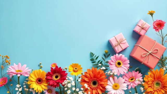 colorful gerbera daisies and wrapped gift boxes on light blue background. seasonal greetings and Women&rsquo;s Day concepts