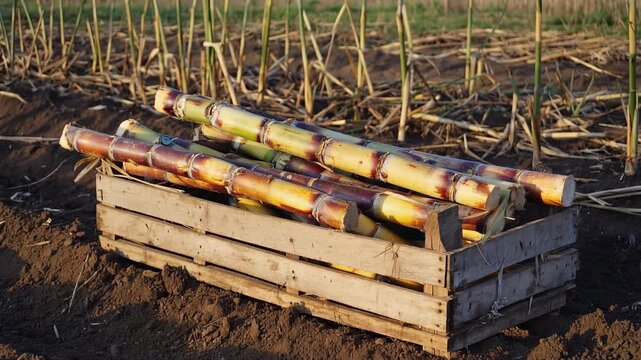 Sugarcane stalks stacked in a wooden crate on a sugar plantation. The field shows rows of sugarcane plants ready for harvest, highlighting agricultural practices.