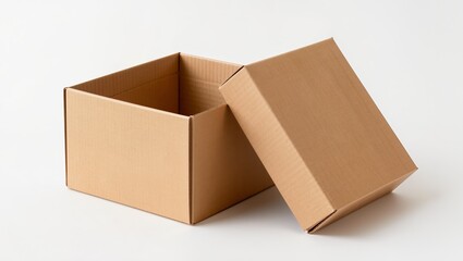 Open cardboard shipping box isolated on white background, blank kraft mailer packaging for e commerce and delivery concept