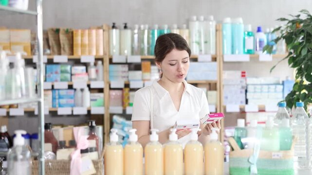 Young woman buyer chooses box of paracetamol tablets in pharmacy 