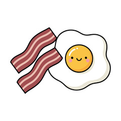 Obraz premium Adorable kawaii style fried egg with a smiling face and blushing cheeks next to two strips of bacon, cute food character illustration.
