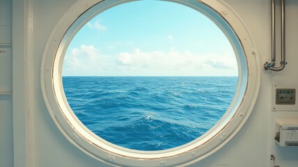 Fototapeta premium Circular Porthole Window Overlooking Calm Ocean Waves and Clear Blue Sky on Minimalist White Wall