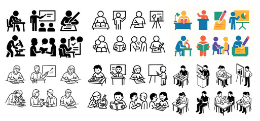 Diverse educational icons collection in various styles