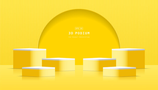 Empty clean studio room with six realistic white yellow 3d cube podium pedestal with vertical wall and round circle window background. Minimal scene for cosmetic mockup. 3d vector geometric platform.