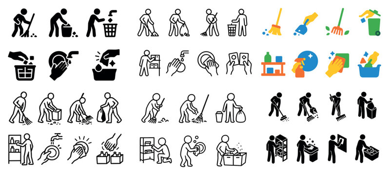Cleaning icon set featuring various tools and activities