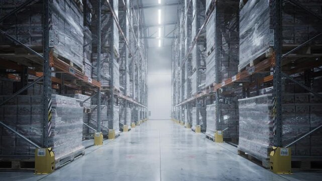 Medium shot of cold storage highbay racks filled with neatly stacked palletized frozen dessert cases in a large temperaturecontrolled warehouse environment.