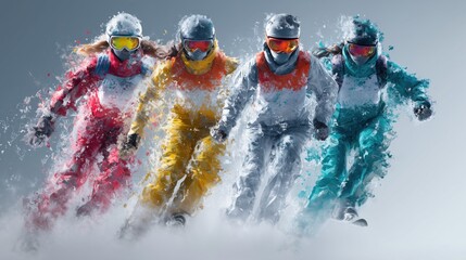 Group of snowboarders in colorful gear riding through powder snow, dynamic winter sports banner