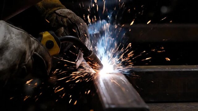 Close up of welder's hands with protective gloves creating sparks while welding metal Full HD 4k Video