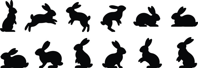Obraz premium Large Collection of Rabbit and Bunny Silhouettes in Various Poses Including Jumping Sitting and Standing for Easter Holidays Nature Wildlife and Creative Graphic Design Projects