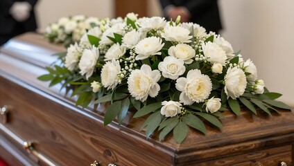 Classic White Rose Arrangement on Brown Coffin