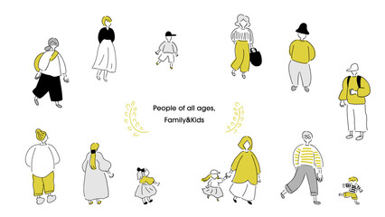 いろんな人々_カップル,男性,女性,キッズ,シニア,ファミリー｜ゴールド＆シルバー,グレー,ベクターイラスト｜People of all ages,vector illustration