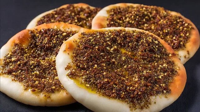 Freshly baked savory Zaatar Manakish flatbreads with aromatic spice and olive oil topping.