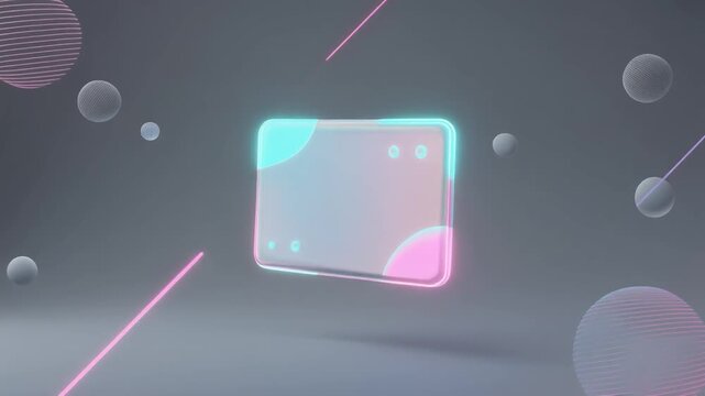 A neon-lit transparent glass rectangle with rounded corners floating amidst glowing orbs and neon streaks in a futuristic environment viewed from a slight angle