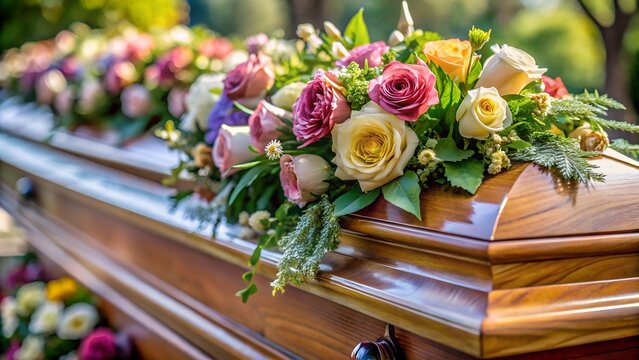 Colorful Flower Arrangement on Wooden Coffin