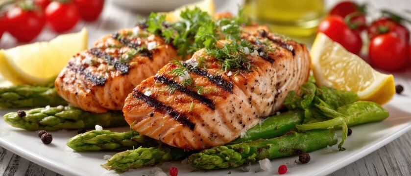 Grilled salmon with asparagus and lemon